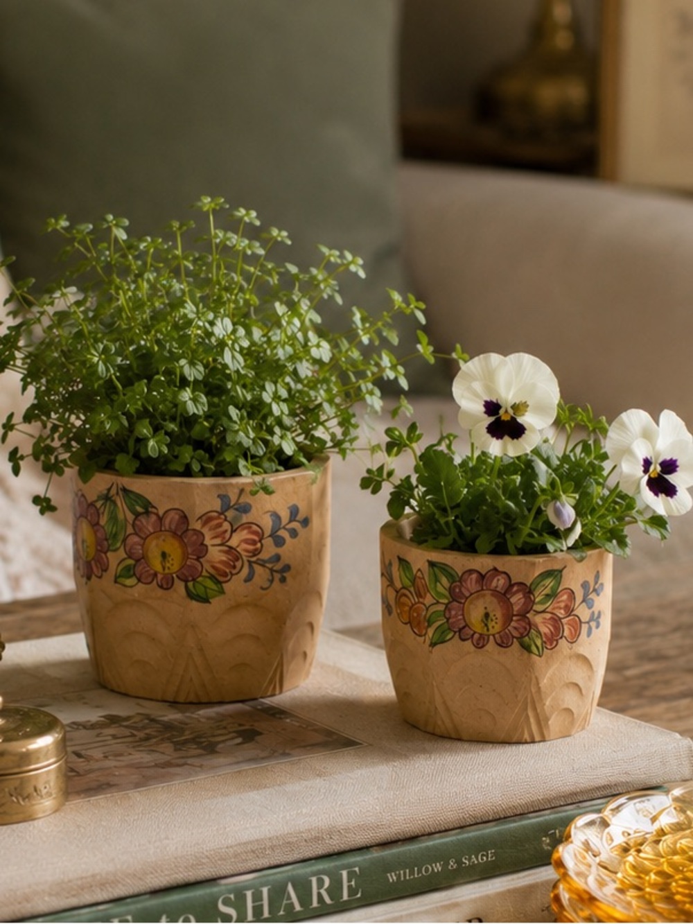 Vintage Hand Painted Floral Nesting Pots from Japan Small Ceramic Flower Planter